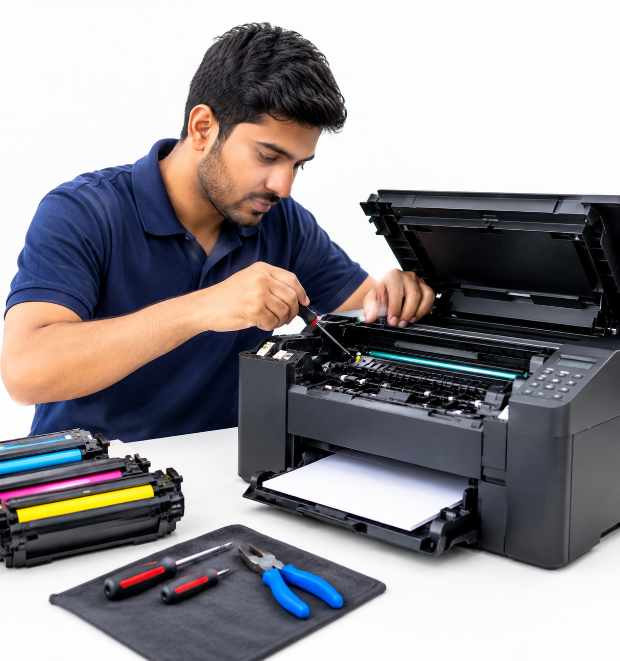 Services printer repair technician at work