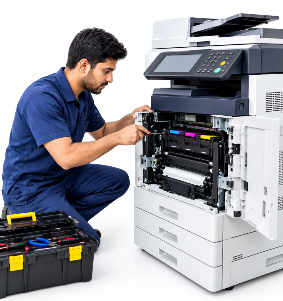 technician repairing office copier