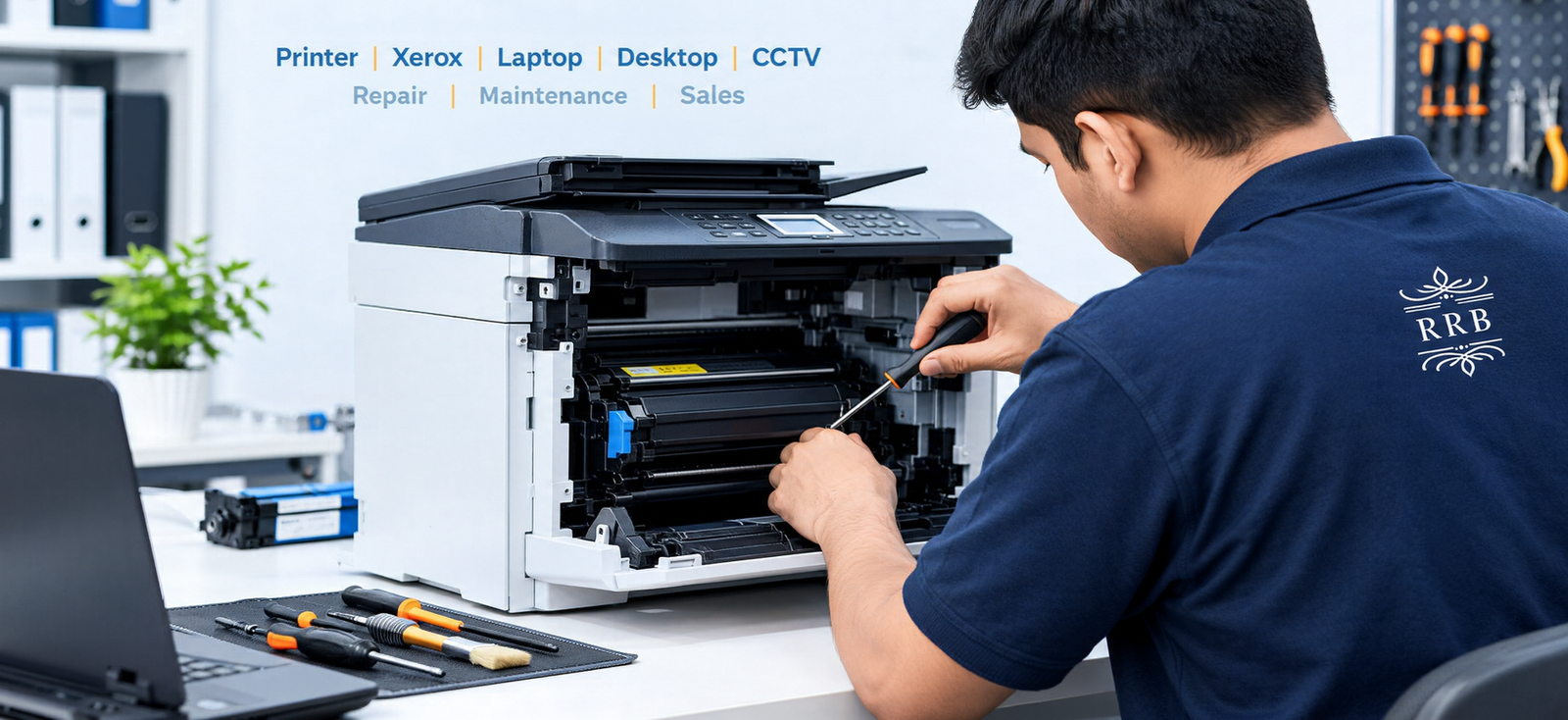 technician repairing printer with rrb logo